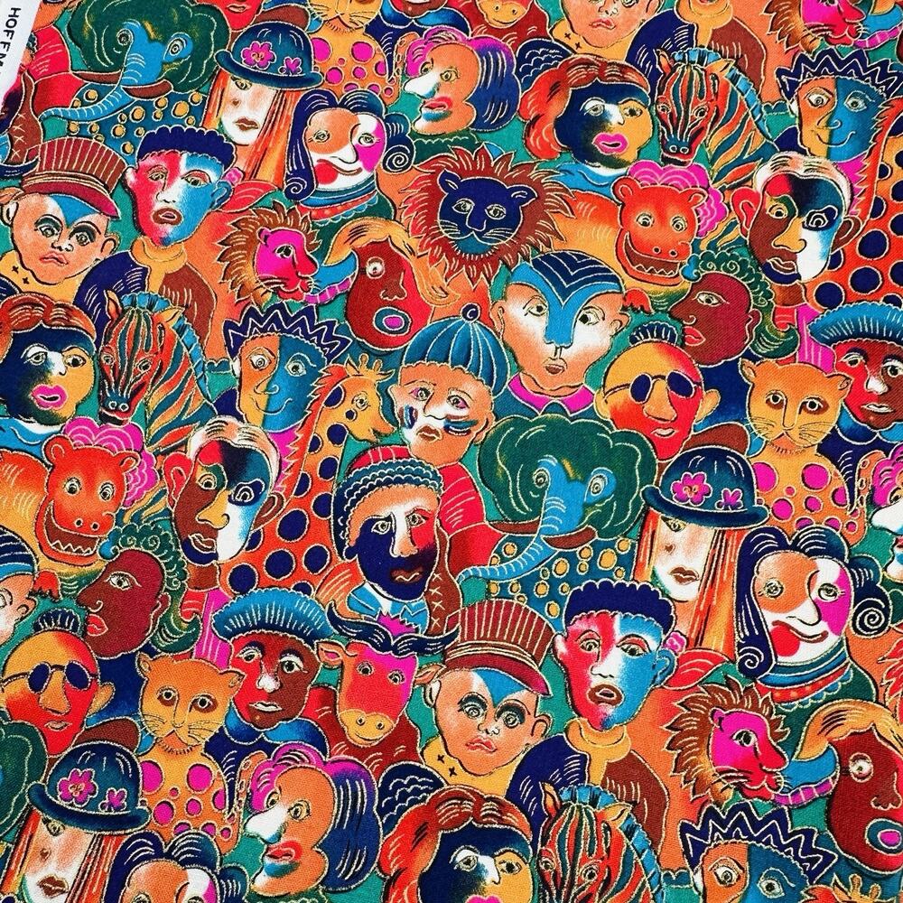HTF RARE Laurel Burch Hoffman Vintage "Packed Faces and Animals" Fabric 1 yard